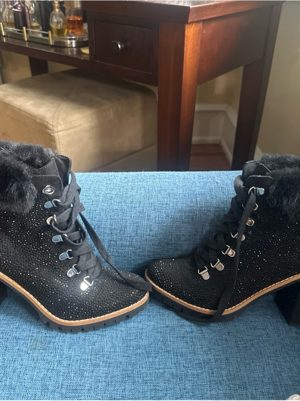 INC International Concepts Black Sparkle Faux-Fur Lace-Up Ankle Boots